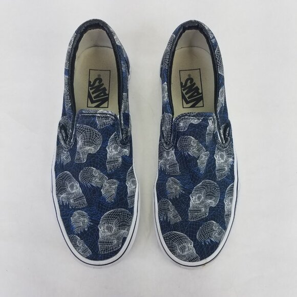 VANS Classic Slip On Wireframe Skull Blue Canvas Sneakers Women's 8 Men's 6.5 - Picture 4 of 13